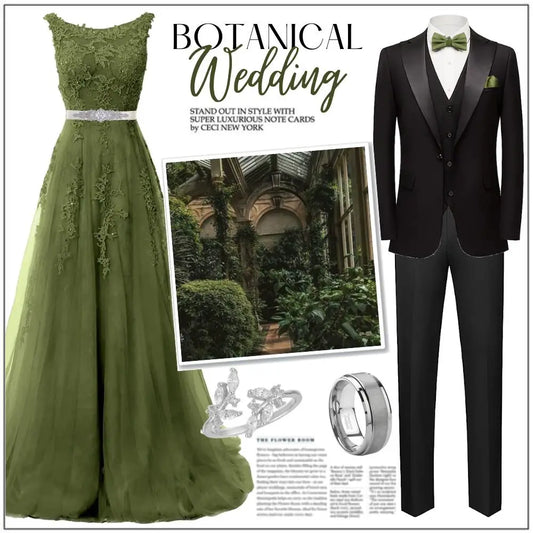 Botanical Wedding Attire for a bride and groom.