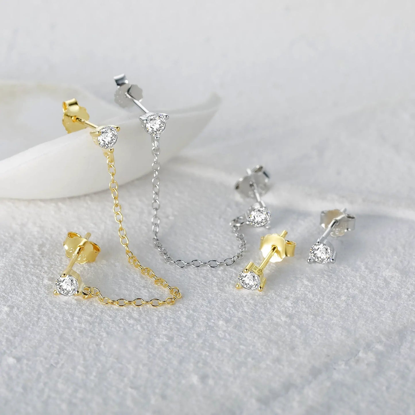 Closeup of the Double Stud Chain Earring Sets.