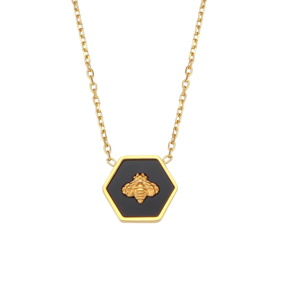 Black Bee Hexagon Gold Necklace.