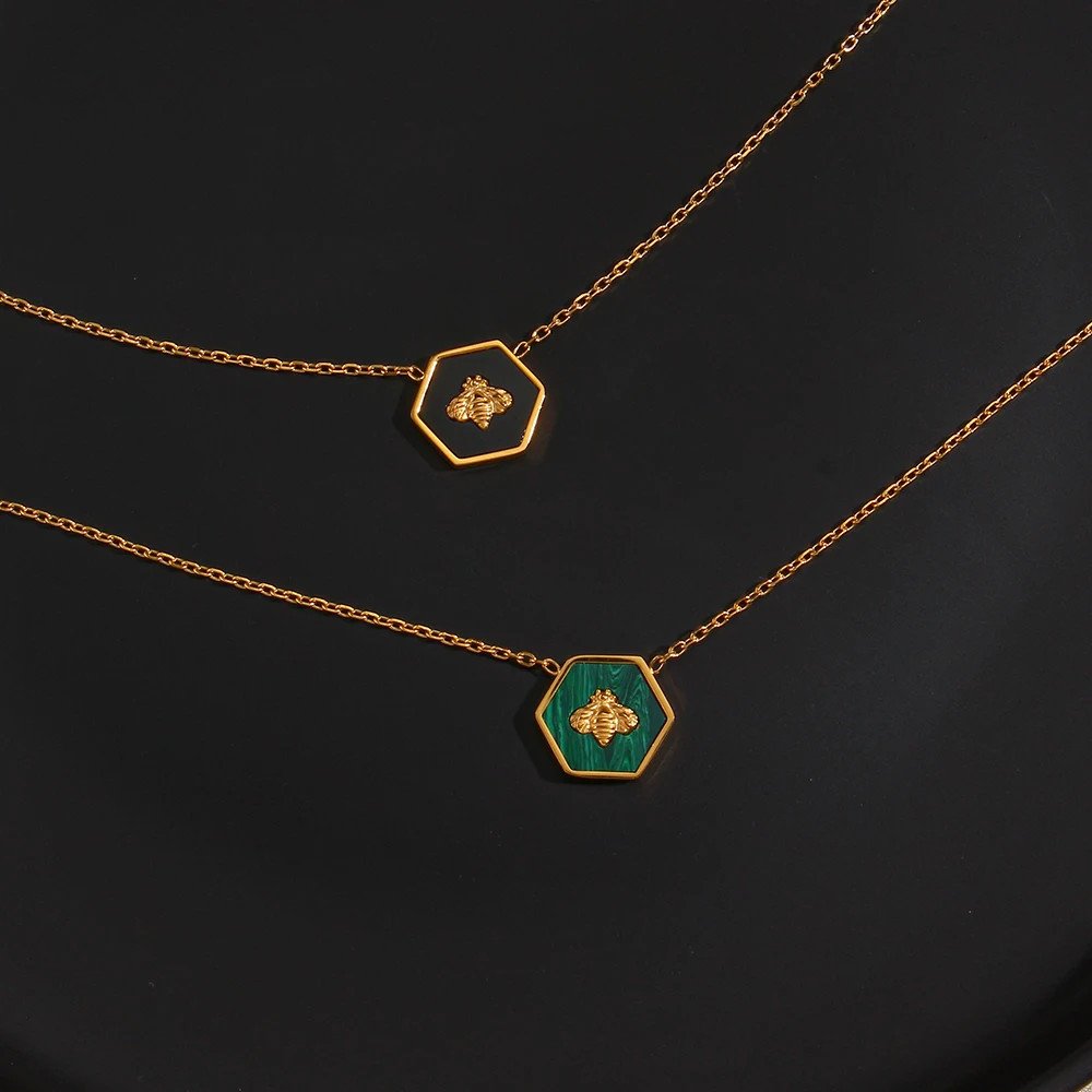 Green and black Bee Hexagon Gold Necklace.