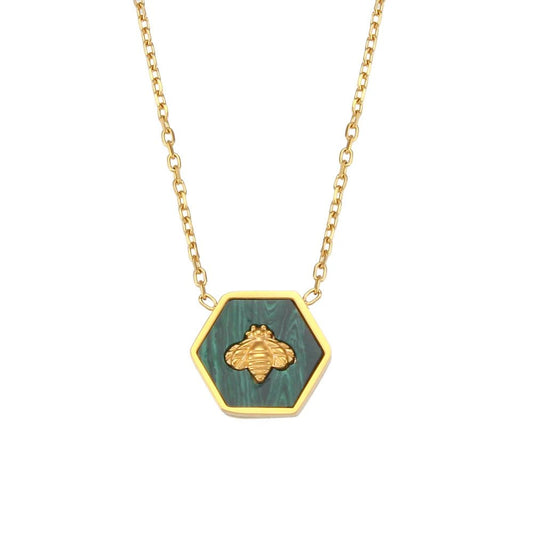Green Bee Hexagon Gold Necklace.