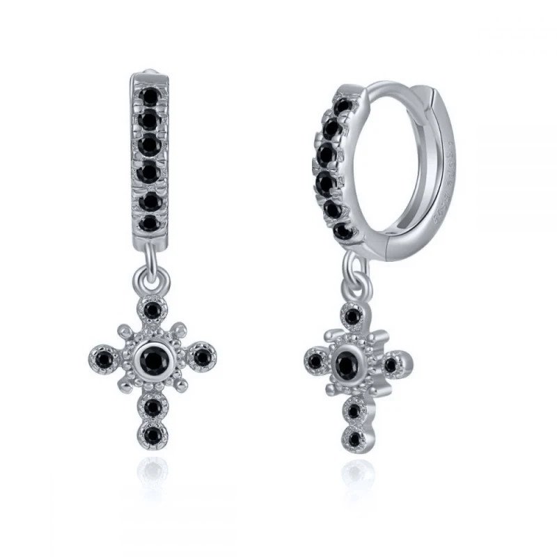 Black Zircon Cross Huggies in silver.