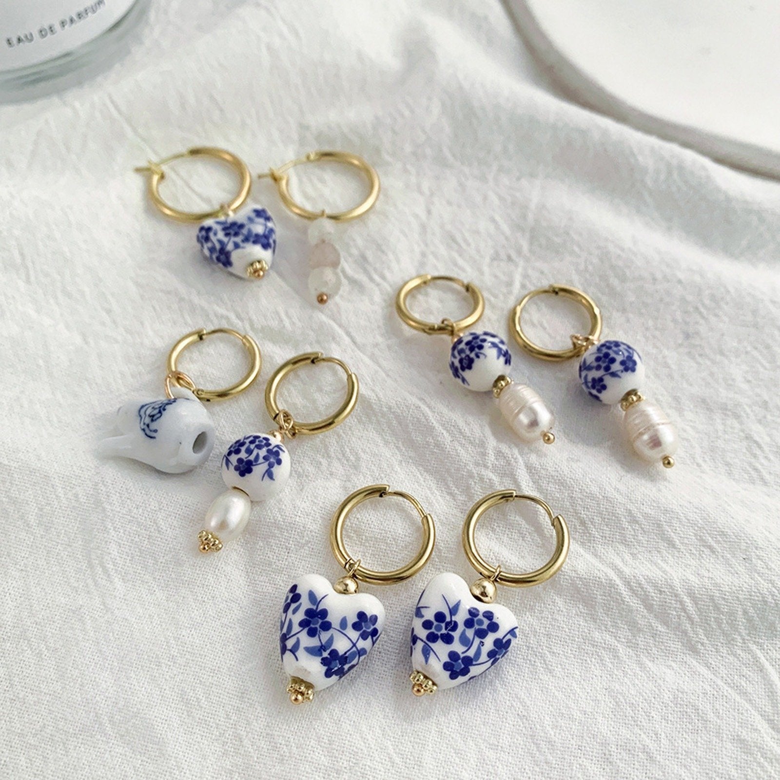 Blue and white ceramic earrings.