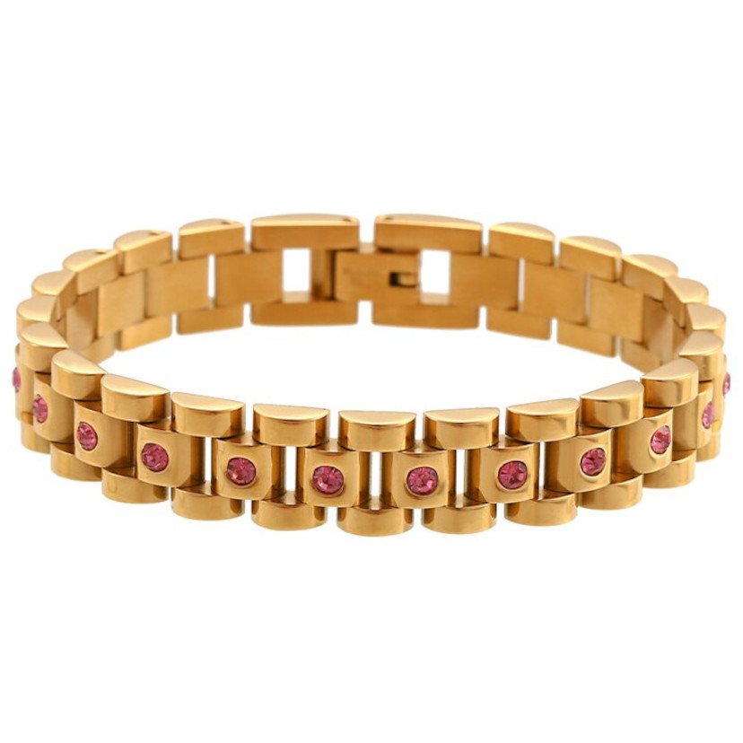 Pink CZ Watchband Gold Bracelet.