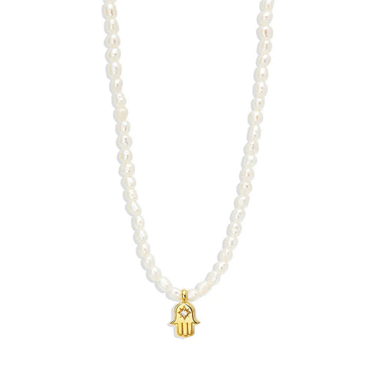 Hamsa Hand Pearl Charm Gold Necklace.