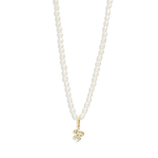Snake Pearl Charm Gold Necklace