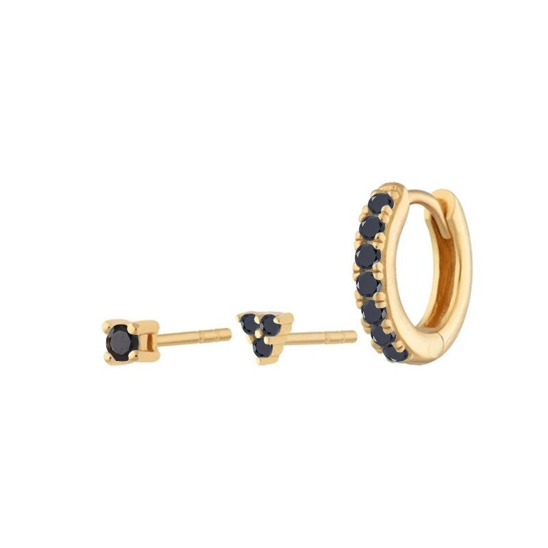 3 Piece Earring Set in Gold with black CZ stones.