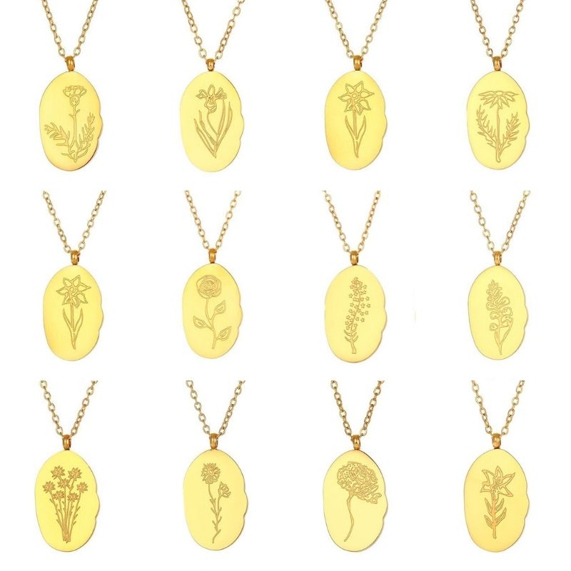 Tweleve Gold Birth Flower Necklaces.