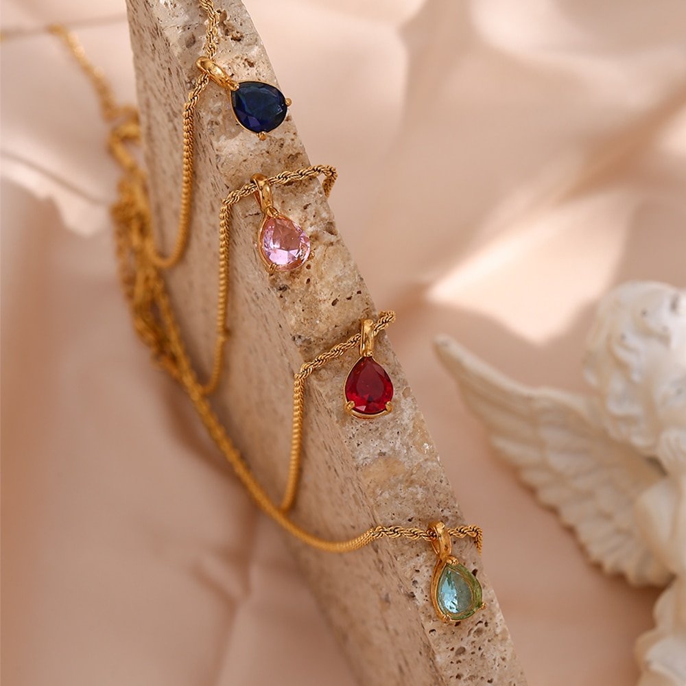 Closeup of the Birthstone CZ Teardrop Gold Necklace.