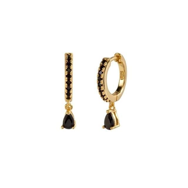 Black Zircon Teardrop Huggies in gold.