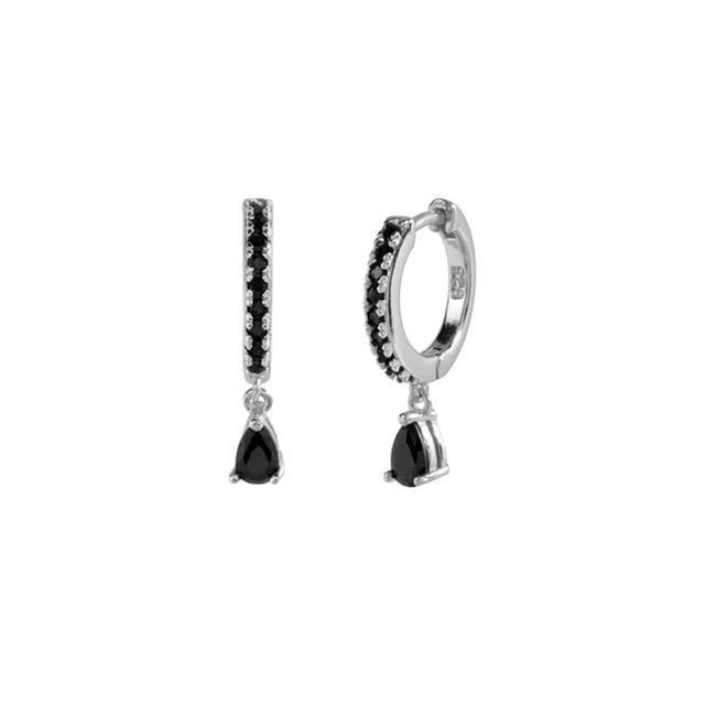 Black Zircon Teardrop Huggies in silver.