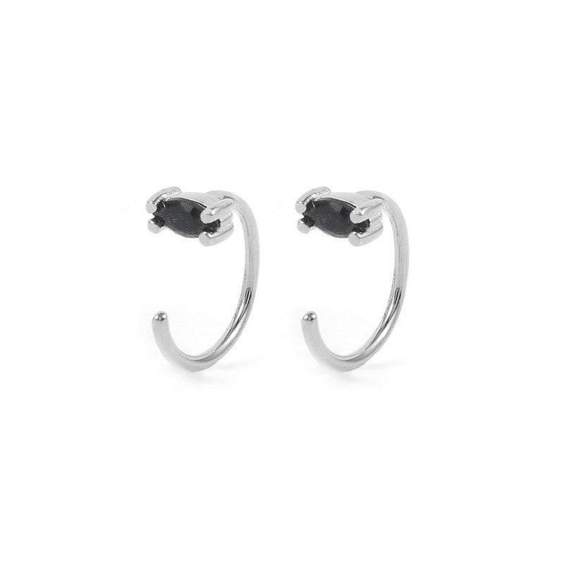 Black Zircon Threader Hoop Earrings in silver.