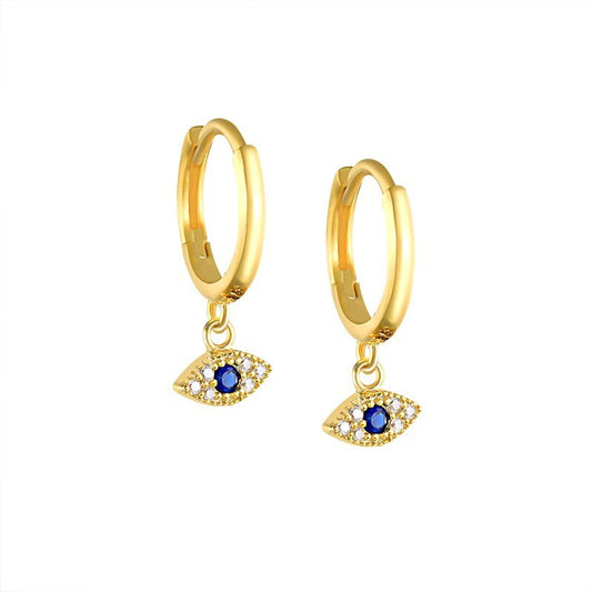 Blue CZ Evil Eye Huggies in gold.