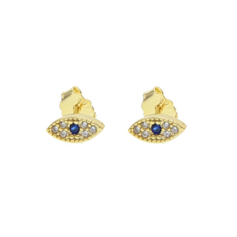 Blue CZ Evil Eye Studs in gold.