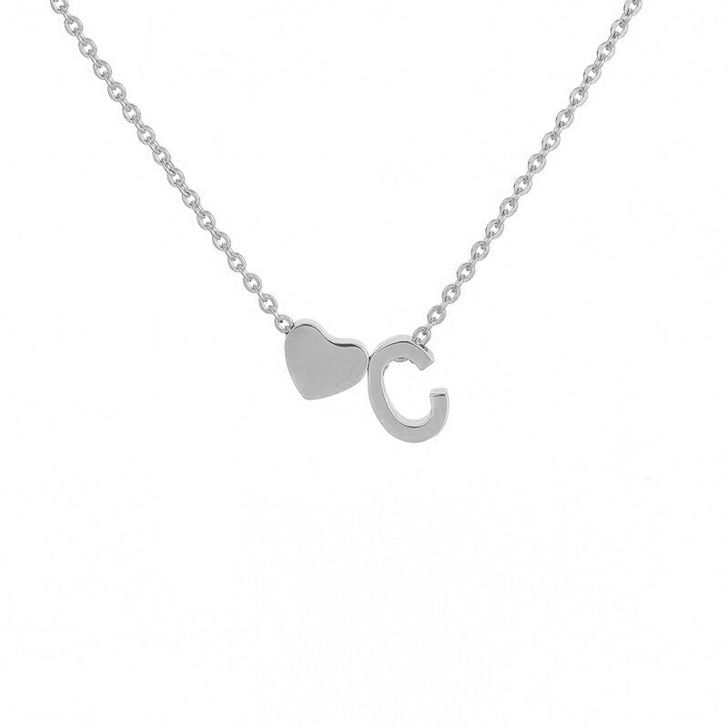 Silver Heart Initial Necklace, letter C.