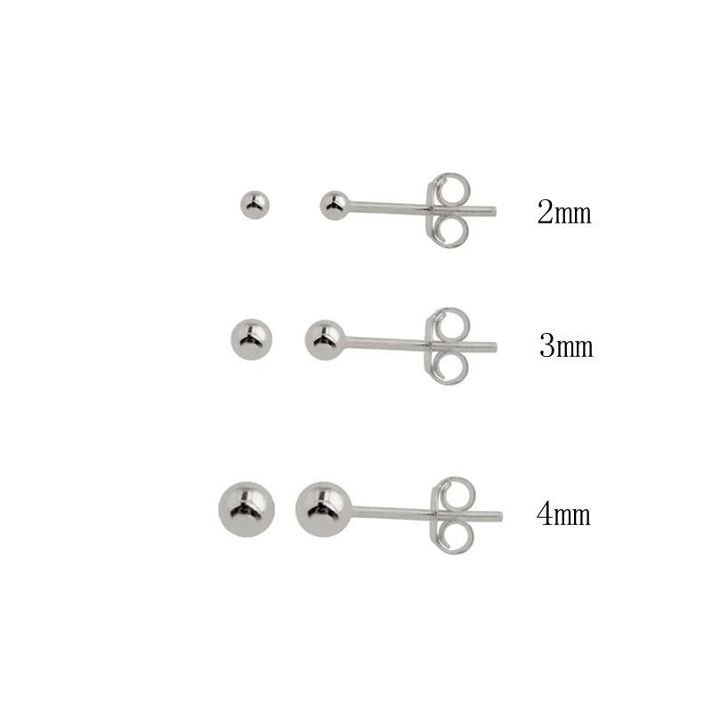 Silver ball stud earrings in three sizes.