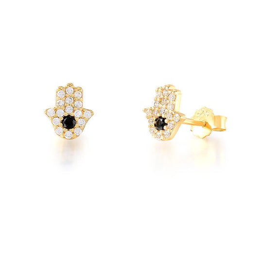 Gold CZ Hamsa Hand Studs.