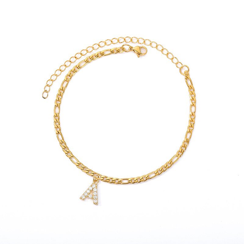 Crystal Letter E Gold Delicate Chain Bracelet in White Crystal