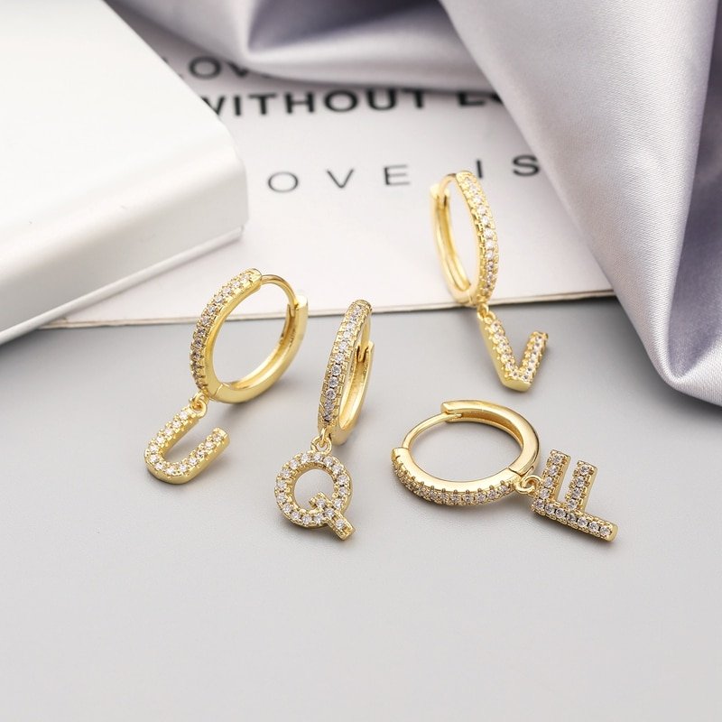 Gold Crystal Pave Initial Huggies.