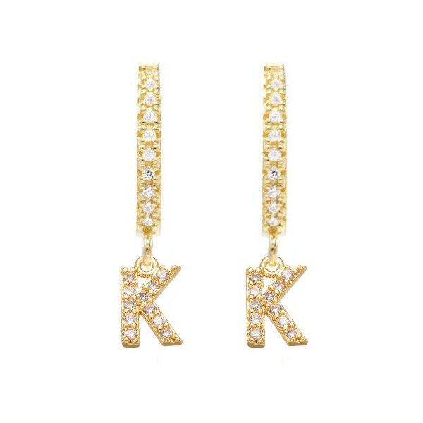 Gold CZ Pave Initial Huggies, letter K.