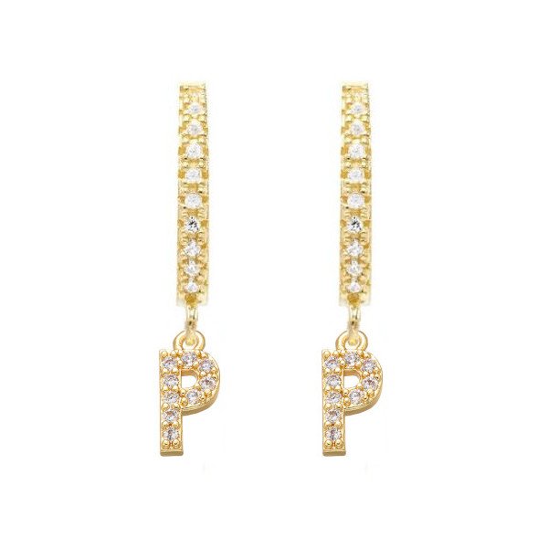 Gold CZ Pave Initial Huggies, letter P.