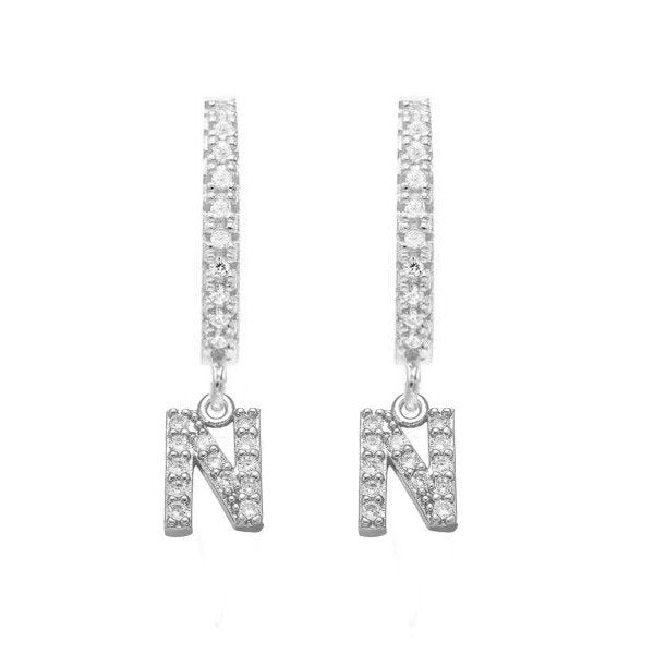 Silver CZ Pave Initial Huggies, letter N.