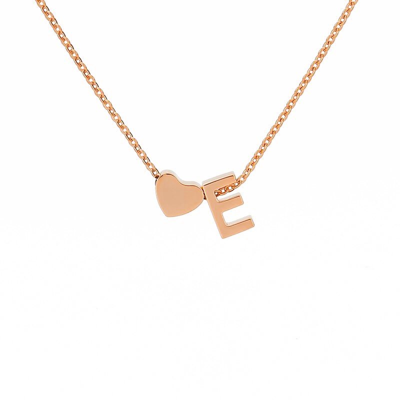 Rose Gold Heart Initial Necklace, letter E.
