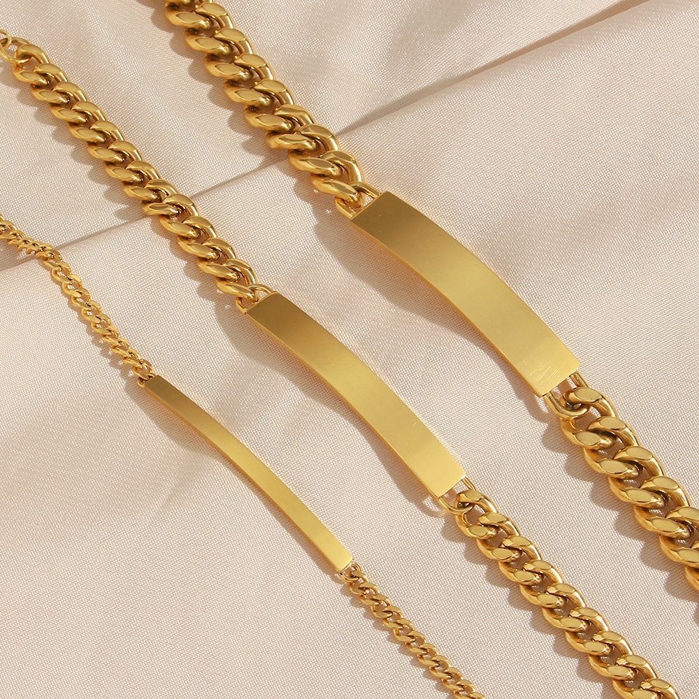 Gold Cuban Link Plate Bracelet in three sizes.