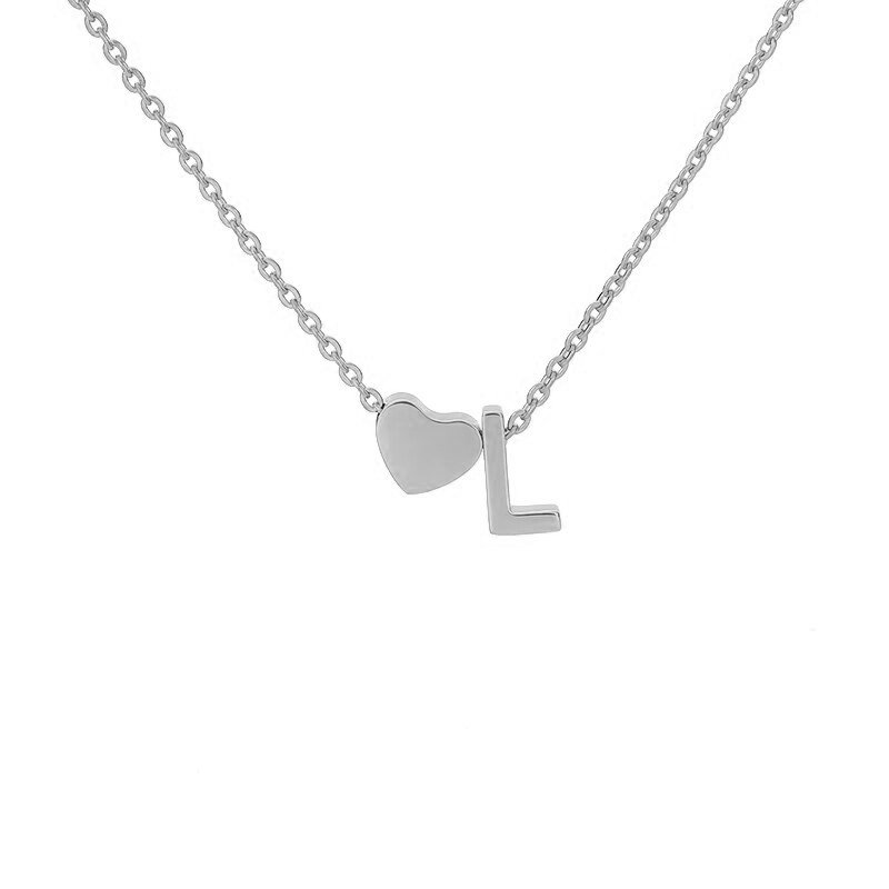 Silver Heart Initial Necklace, letter L.