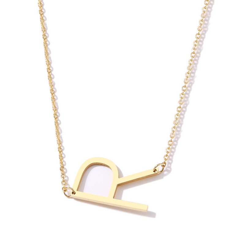 Gold Large Asymmetrical Initial Necklace, letter R.