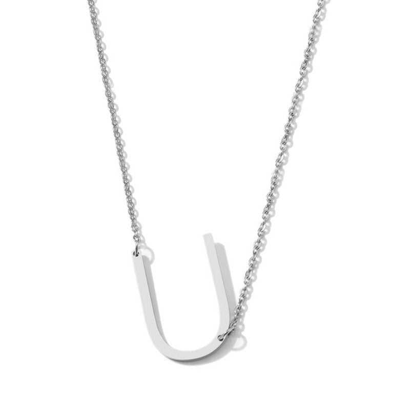 Silver Large Asymmetrical Initial Necklace, letter U.