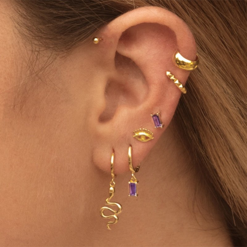 A model wearing multiple gold ear piercings.