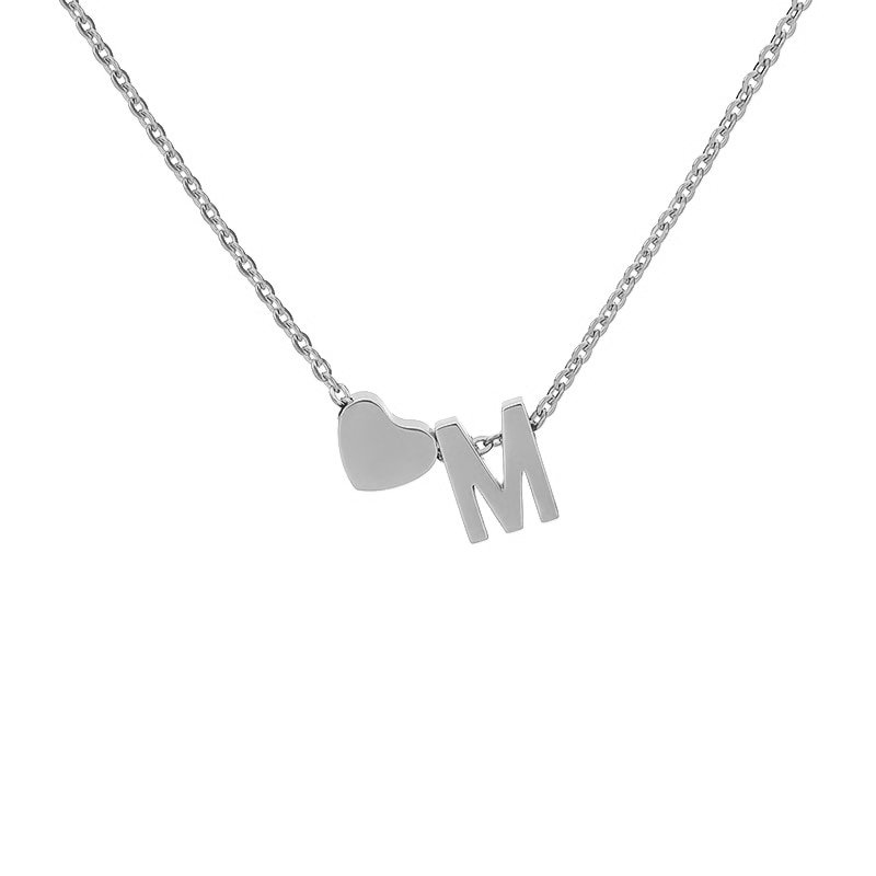 Silver Heart Initial Necklace, letter M.