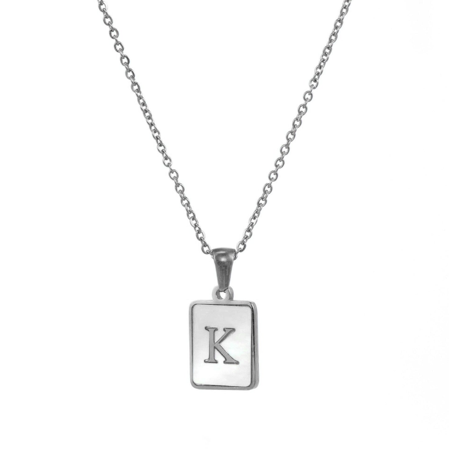 Silver Mother of Pearl Monogram Necklace, Letter K.
