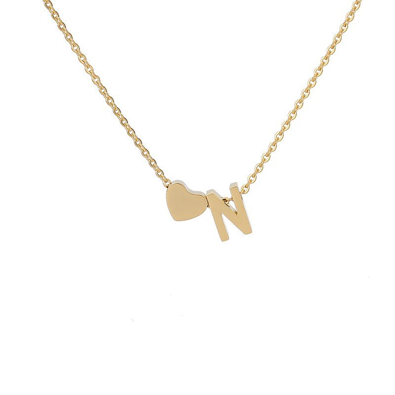 Gold Heart Initial Necklace, letter N.