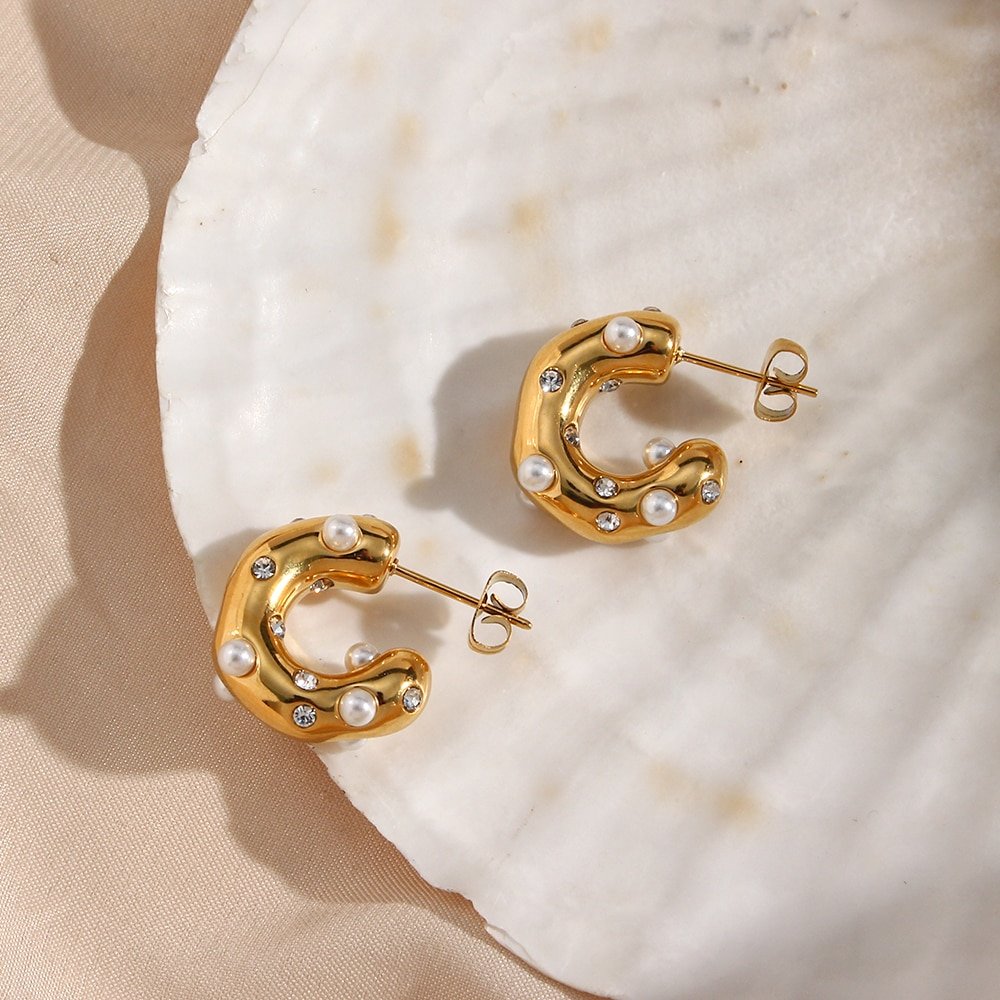 Side view Pearl Barnacle Gold Hoops.