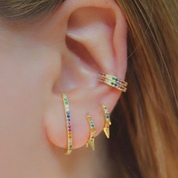 A model wearing the Rainbow CZ Suspender Earrings.