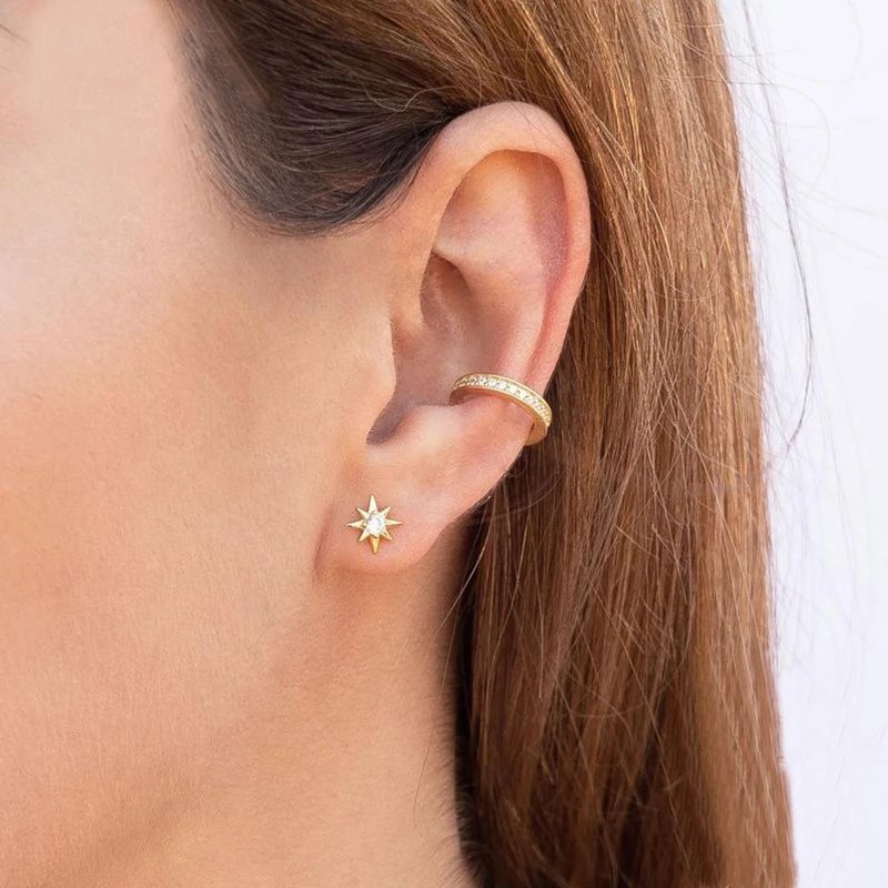 A model wearing the gold Star CZ Stud Earrings.