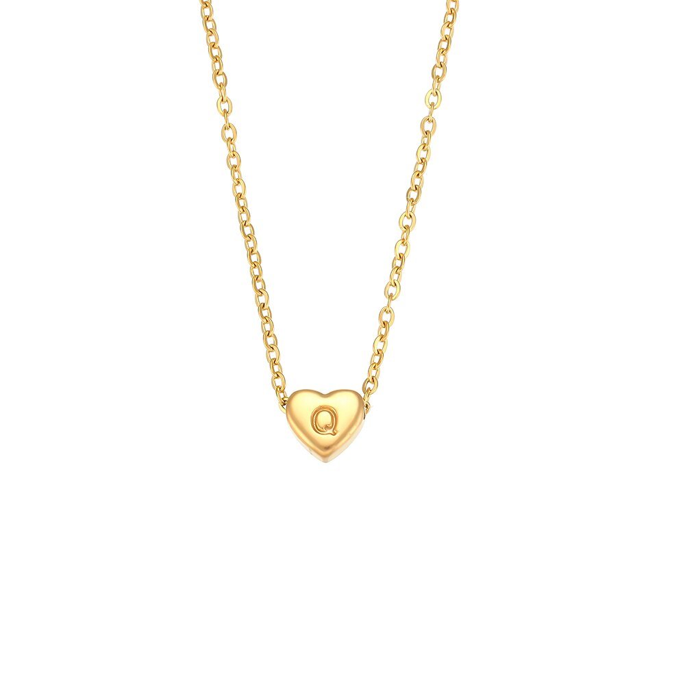 Tiny Gold Heart Initial Q Necklace.