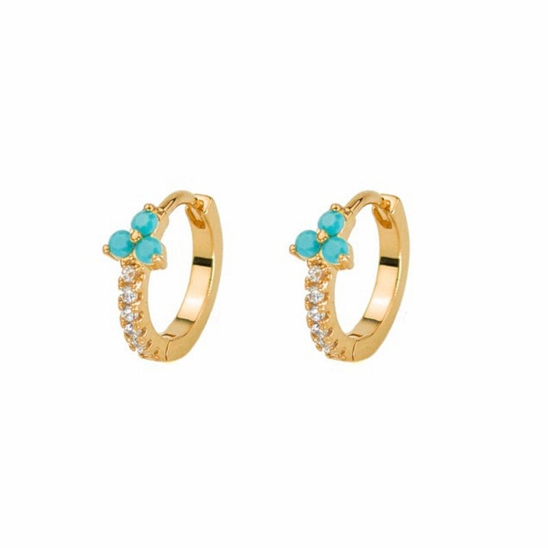 Turquoise Trinity CZ Huggies in gold.