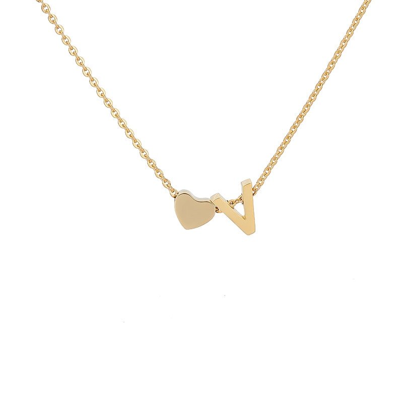 Gold Heart Initial Necklace, letter V.