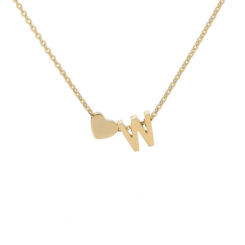 Gold Heart Initial Necklace, letter W.