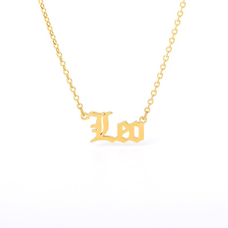 Leo Zodiac Name Plate Necklace in Gold.
