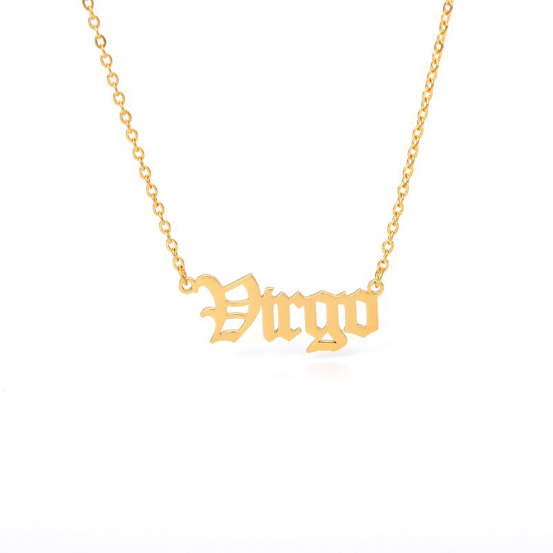 Virgo Zodiac Name Plate Necklace in Gold.