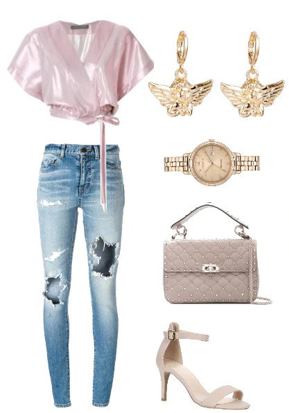 Ripped jeans and pink top outfit.