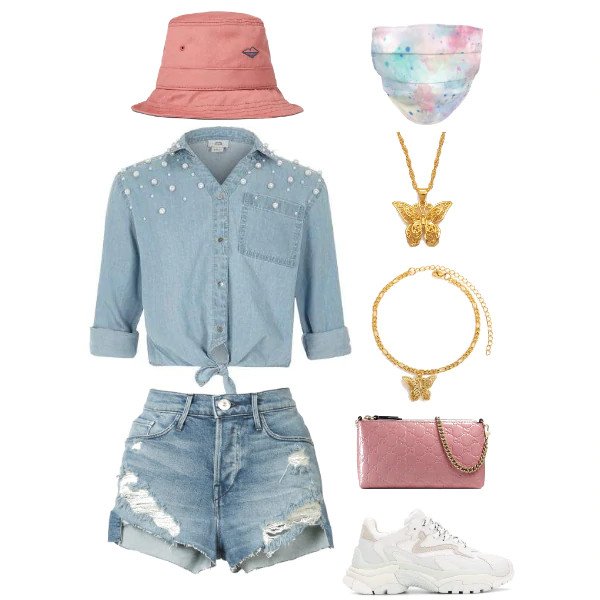 Bucket hat, cut-off shorts and butterfly jewelry.