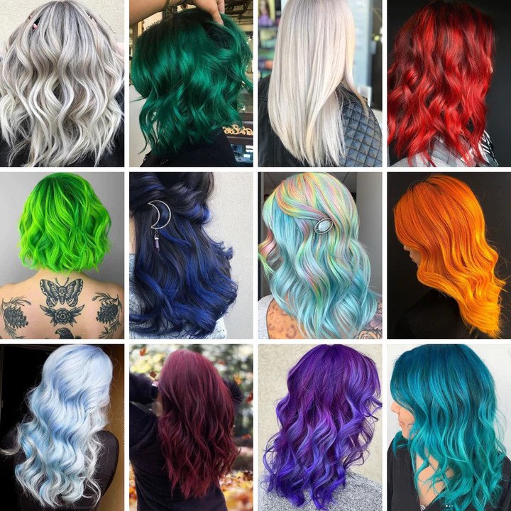 Photo collage of different colorful hairstyles.