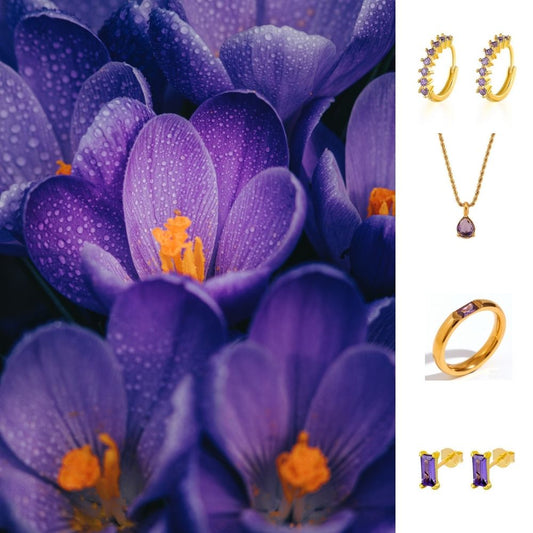 Gold jewelry with purple stones.