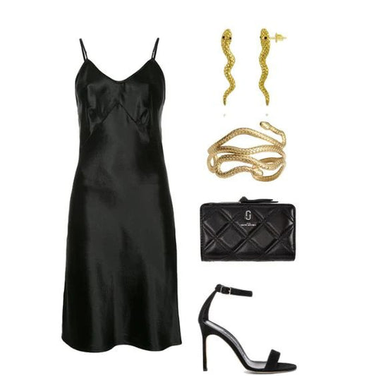 Little black dress and gold snake jewelry.