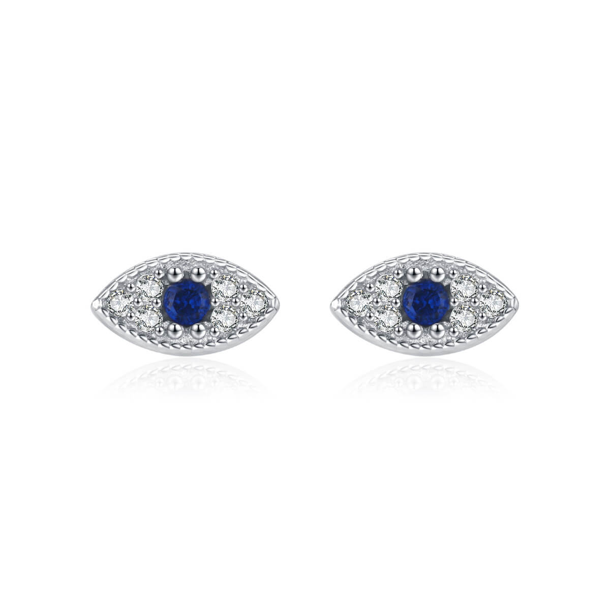 Blue CZ Evil Eye Studs in silver.